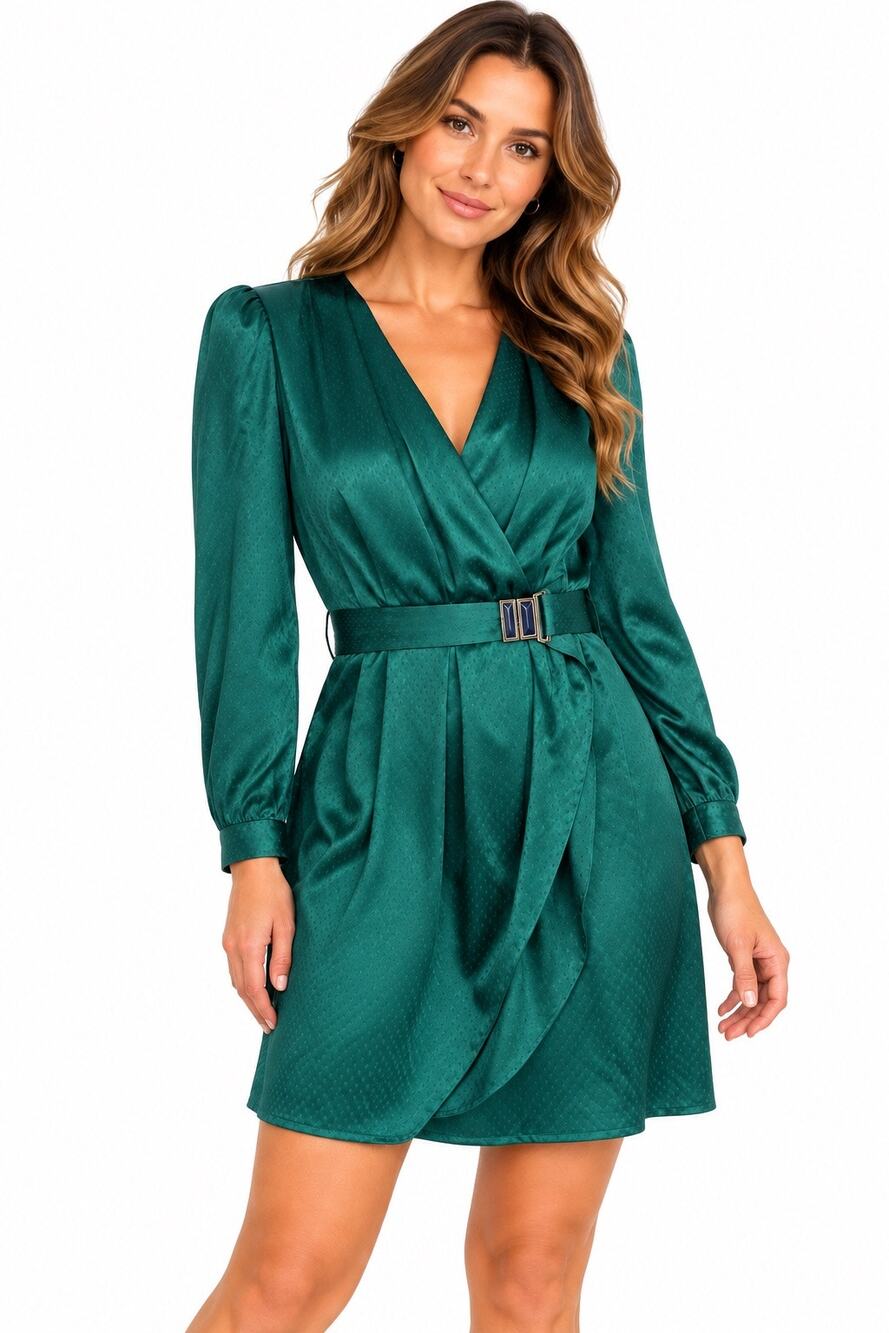 JARIO Emerald Green Satin Jacquard Wrap Mini Dress Size S/10